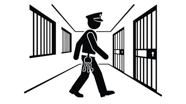 Black and white police officer silhouette walking through jail cell corridor with keys illustration isolated on white background