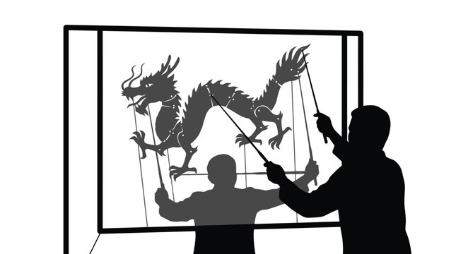 Dramatic shadow puppet theater with dragon and human figures performing live action isolated on white background