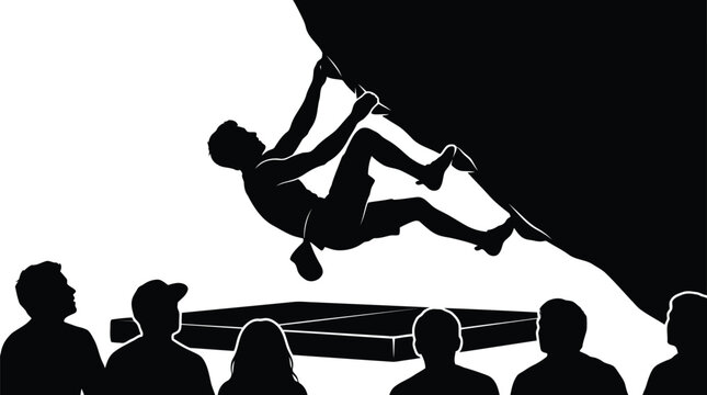Aerialist performing dynamic trapeze trick silhouette against with audience watching isolated on white background