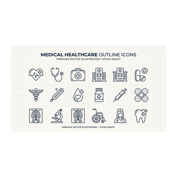 Professional medical healthcare outline vector icon set for hospitals and clinics with a professiona