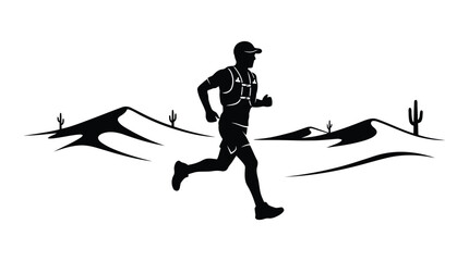 Fototapeta premium Dynamic black silhouette vector of runner crossing rugged desert terrain with cacti background isolated on white background