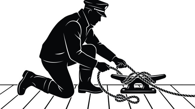Sailor kneeling and securing rope on ship deck black and white illustration isolated on white background