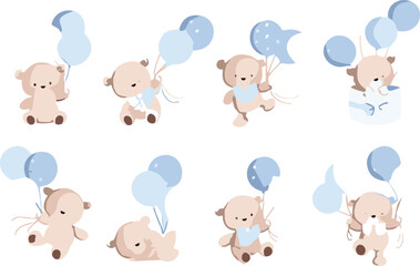 Fototapeta premium Cute watercolor teddy bear collection with blue balloons for baby shower invitations and nursery wall art decor