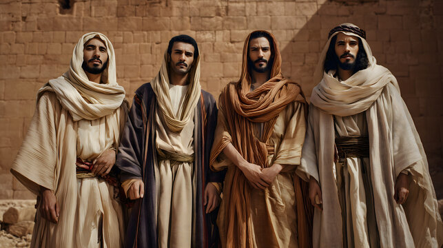 Daniel, Shadrach, Meshach, and Abednego Standing Before Babylonian Walls. Biblical Story from Old Testament