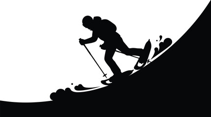 Fototapeta premium Dynamic skiing silhouette action pose with snowboarder descending hill isolated on white background