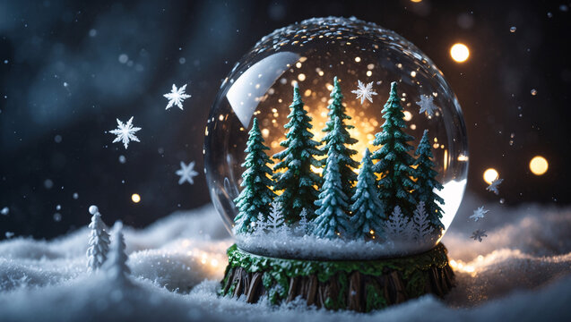 A snow globe with pine trees and snowflakes inside on a wooden base