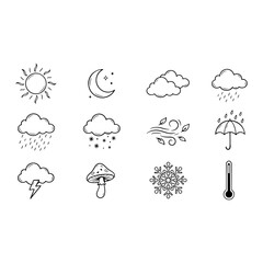 Obraz premium Weather icons set sun moon rain snow and temperature line art