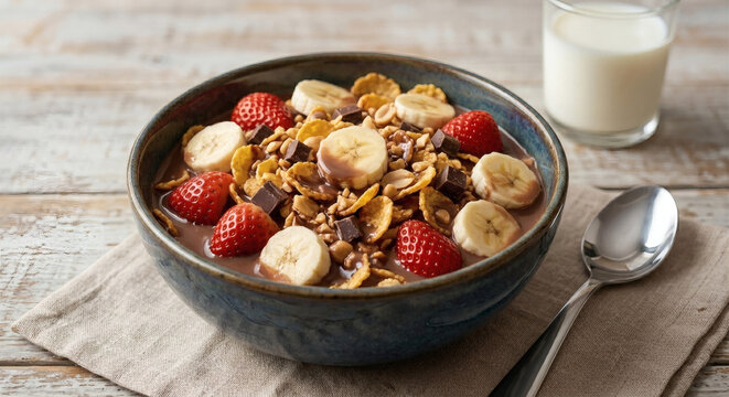 Healthy breakfast bowl with chocolate milk, cornflakes, fresh strawberries, banana slices