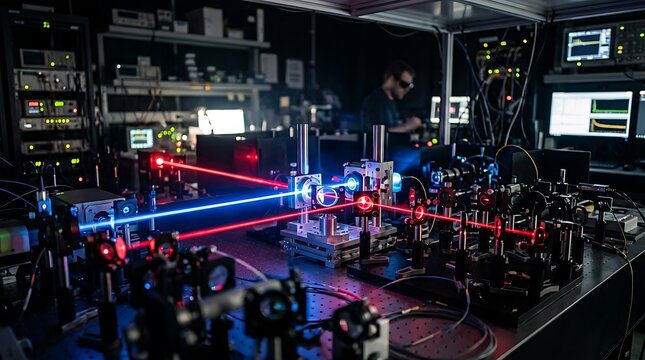 Futuristic laser optics laboratory with advanced scientific equipment
