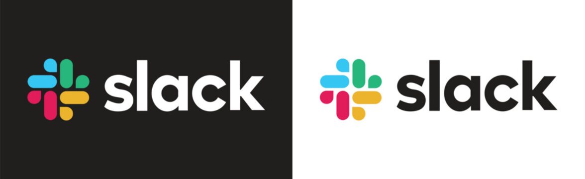 Slack Logo and Wordmark Variations on Black and White Backgrounds, Editorial Use Only