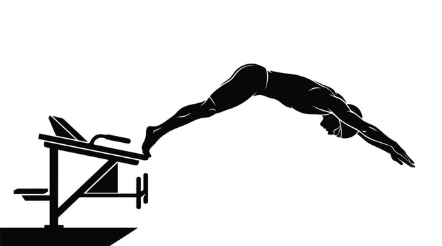 Dynamic black silhouette of diver performing backflip off diving board with athletic motion and sport action isolated on white background
