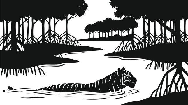 Relaxing tiger silhouette lounging in water surrounded by mangrove forest and trees isolated on white background