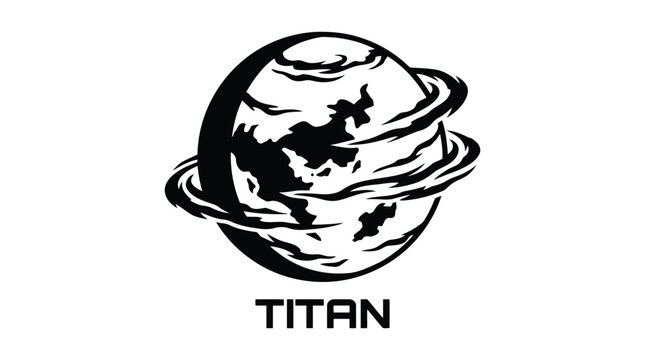 Stylish black and white titan planet logo with rings and space concept design isolated on white background