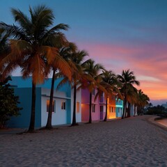 Fototapeta premium Pastel beachfront buildings lined with palm trees at sunset