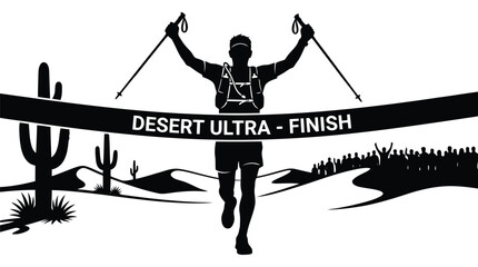 Obraz premium Black and white desert ultra marathon runner crossing finish line with cactus and crowd illustration isolated on white background