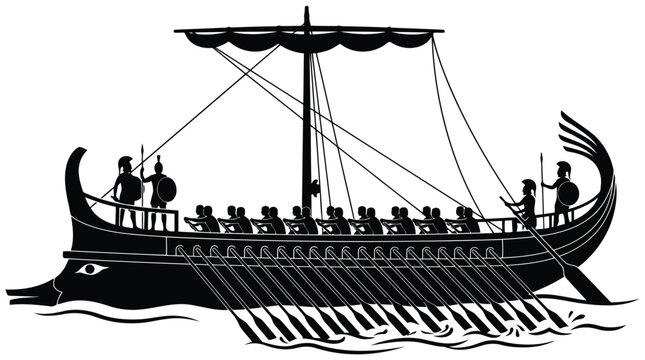 Ancient greek trireme warship black and white illustration isolated on white background