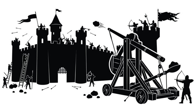 Medieval siege trebuchet attacking castle fortress with soldiers and black and white silhouette action scene isolated on white background