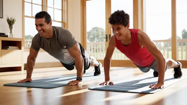 Two men performing push-ups together in a bright home gym, showcasing fitness and camaraderie with natural light streaming through large windows