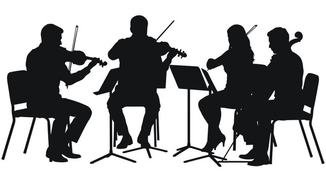Silhouette of string quartet musicians playing violins and cello in performance with sheet music stand isolated on white background
