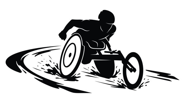 Dynamic vintage motorcycle racer silhouette illustration with black and white action pose isolated on white background