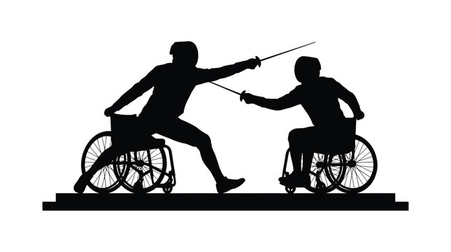 Dynamic wheelchair fencing duel silhouette with athletic action and competitive sports concept isolated on white background