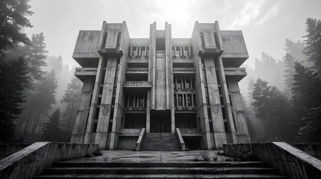 Monumental Brutalist Architecture in Misty Forest Setting