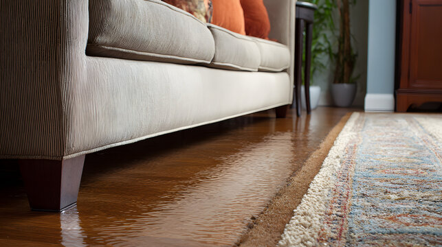 Carpet edges and hardwood floors with standing water near the sofa illustrate indoor water damage and the need for restoration.