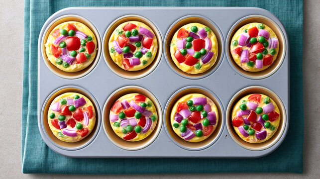 Mini egg muffins with vegetables baked in muffin tray featuring tomatoes peas and red onion for healthy breakfast meal prep