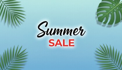 Obraz premium Summer Sale promotional banner with tropical palm leaves, seasonal discount background with monstera foliage, blue gradient marketing poster