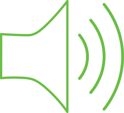 Green line drawing of a loudspeaker with sound waves emitting from it on a transparent background