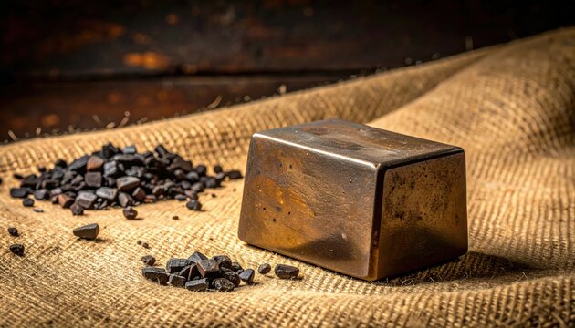 A heavy, dull bronze ingot in a simple rectangular shape rests on burlap next to a pile of dark, small metallic ore pieces.