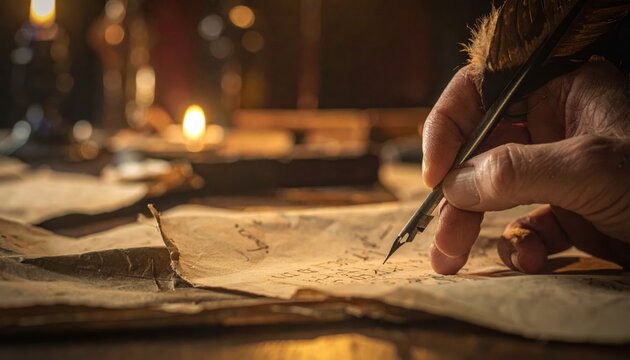 Hand poised with a quill pen, meticulously writing on aged vellum in warm candlelight, evoking a sense of historical craftsmanship and literary creation.
