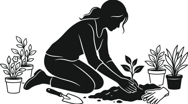 Black silhouette woman gardening with plants and soil in minimalist illustration style isolated on white background