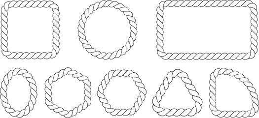 Set rope border texture seamless strokes, set of rope frames in different shapes icon, © MD