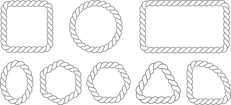 Set rope border texture seamless strokes, set of rope frames in different shapes icon,