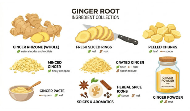 Ginger root set flat cartoon style whole and sliced herbal spice natural ingredient vector illustration collection