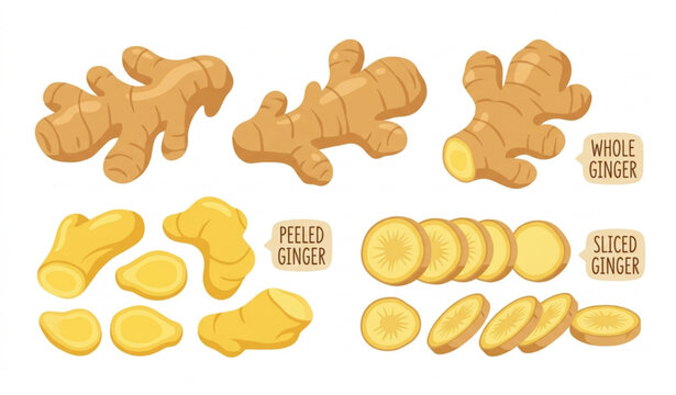 Realistic ginger root botanical set sliced and whole herbal spice ingredient vector illustration isolated