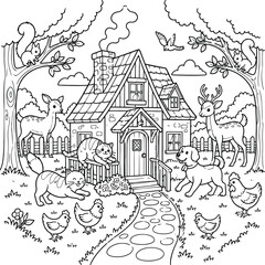 Obraz premium Black and white line of a two-story victorian house with intricate scrollwork and floral border line victorian house