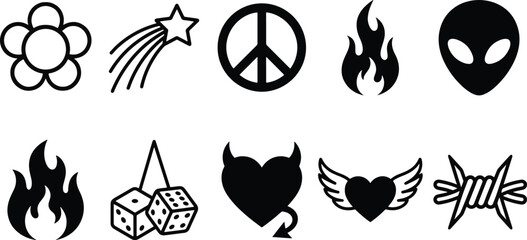 Fototapeta premium Set of minimalist Y2K aesthetic icons featuring flame hearts barbed wire and alien symbols for modern streetwear graphic design vector illustration