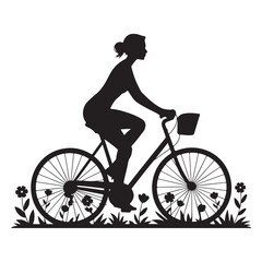 Fototapeta premium Black silhouette of a woman cycling on a bicycle surrounded by decorative flowers in a garden representing leisure and recreation
