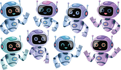 Cute 3D AI robot chatbot vector set with futuristic virtual assistant mascots isolated on white background © Md