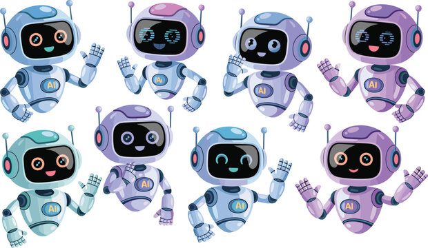 Cute 3D AI robot chatbot vector set with futuristic virtual assistant mascots isolated on white background