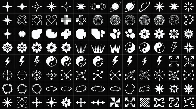 Y2K retro futuristic vector shapes elements set with cyber punk stars chrome grid shapes and abstract brutalist geometric symbols vector illustration
