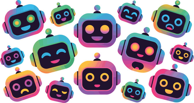 Colorful AI robot emoji vector illustration with chatbot communication icons isolated background for digital platforms
