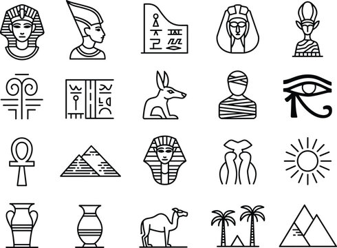 Egyptian Hieroglyphs Pharaohs Pyramids Camel Ankh Eye of Horus Sun and Vases Line Art Icons ancient Egypt