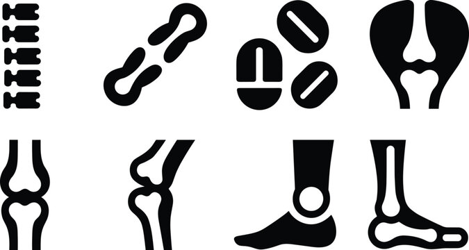 Modern joint pain solid icons vector illustration with bone medicine and orthopedic care symbols isolated background