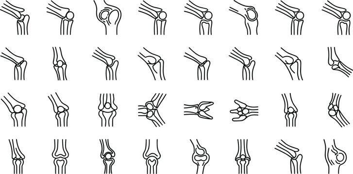 Minimal joint pain symptom outline icon vector collection with orthopedic healthcare symbols isolated on white background