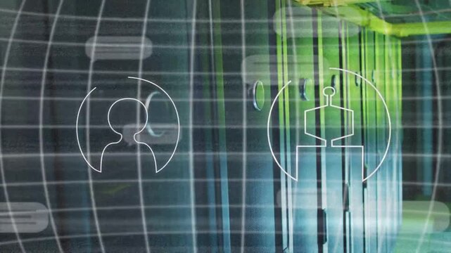White arc drawing outlines robot and human icons filling, scaling, shifting, showing user-AI collab