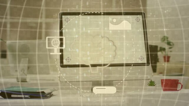 Grid appearing, cloud brain popping on monitor while icons orbiting ring to show network links