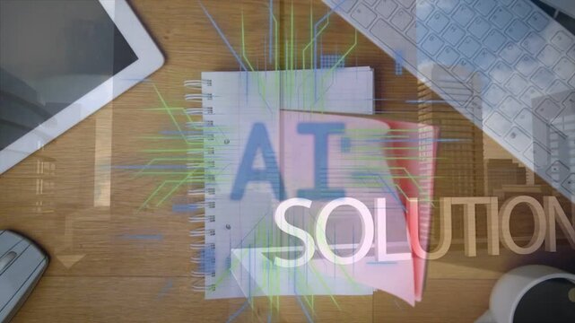 Red card flipping across spiral notebook, overlays cycling FOCUS to SUCCESS showing AI solution